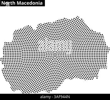 Rappresentazione dettagliata della Macedonia del Nord che mostra la sua forma e le aree circostanti, con drammatici motivi a punti che enfatizzano le regioni chiave. Illustrazione Vettoriale