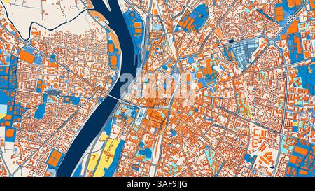 Mappa artistica di Valence colorata con etichette ed edifici con molti dettagli per strade urbane, sentieri e percorsi. Foto Stock