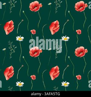 Motivo senza cuciture con fiori selvatici in stile acquerello. Papavero, camomilla ed erbe su sfondo verde scuro. Illustrazione botanica digitale. Stampare per Foto Stock