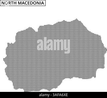 Rappresentazione dettagliata della Macedonia del Nord che mostra la sua forma e le aree circostanti, con drammatici motivi a punti che enfatizzano le regioni chiave. Illustrazione Vettoriale
