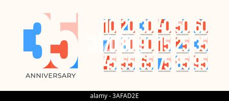 Numeri giubilari con logo per l'anniversario del compleanno in un moderno stile geometrico traforato. Illustrazione vettoriale piatta brillante Illustrazione Vettoriale