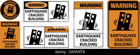 Cartello di avvertimento terremoto con edificio incrinato Illustrazione Vettoriale