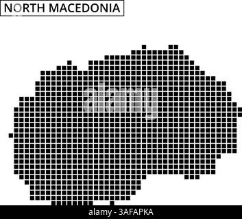 Rappresentazione dettagliata della Macedonia del Nord che mostra la sua forma e le aree circostanti, con drammatici motivi a punti che enfatizzano le regioni chiave. Illustrazione Vettoriale