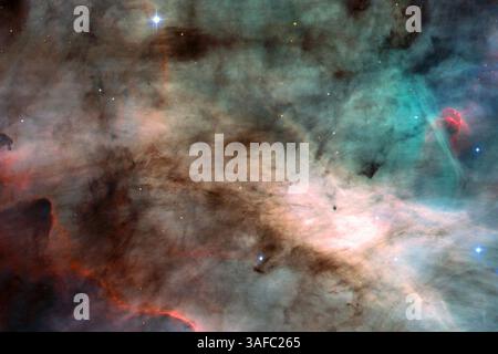 30 aprile 2002; spazio; foto file: 2 aprile 2002. La Nebulosa Omega, un focolaio di stelle appena nate in coperte colorate di gas incandescente e cullata in un'enorme nube di idrogeno fredda e scura. La regione della nebulosa mostrata in questa fotografia è circa 3.500 volte più ampia del nostro sistema solare. La nebulosa, chiamata anche M17 e la nebulosa dei cigni, risiede a 5.500 anni luce di distanza nella costellazione del Sagittario. . (Immagine di credito: ZUMA Press/ZUMAPRESS.com) Foto Stock