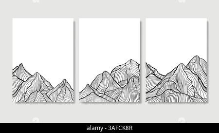 Mountain Line Art Wave, disegno inchiostro bianco e nero paesaggio contemporaneo, Set vettoriali Mid Century grafico astratto, modello layout per poster o. Illustrazione Vettoriale