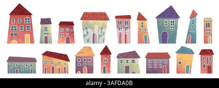 Cute tiny houses. Cartoon small town houses, minimalism city buildings, minimal suburban residential house vector illustration icons set. House small Illustrazione Vettoriale