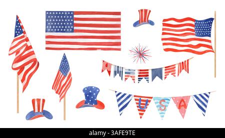 Bandiere americane acquerello, ghirlande, cappelli, sfondo isolato. Simboli tradizionali delle festività nei colori nazionali. Buon 4 luglio USA Foto Stock