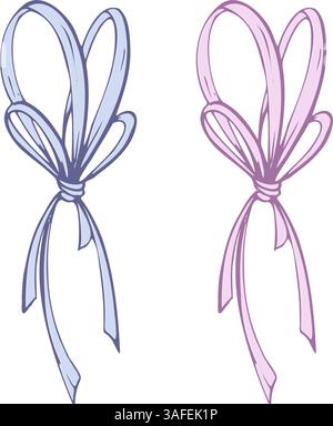 Fiocco in raso, piccolo e semplice, realizzato in tessuto, nastri sottili. Illustrazione grafica grafica disegnata a mano, contorno blu e rosa. Singolo isolato Illustrazione Vettoriale