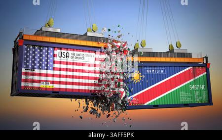Container con bandiere di USA e Namibia - illustrazione 3D. Foto Stock