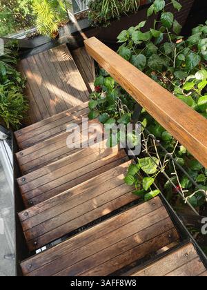 Gradini in legno nel giardino. Scala circondata da numerose piante verdi. Foto Stock