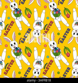 Allegro motivo senza cuciture con adorabili personaggi antropomorfi: Coniglietti pasquali con tulipani e uova decorate su sfondo giallo. Illustrazione Vettoriale