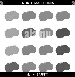 Rappresentazione dettagliata della Macedonia del Nord che mostra la sua forma e le aree circostanti, con drammatici motivi a punti che enfatizzano le regioni chiave. Illustrazione Vettoriale