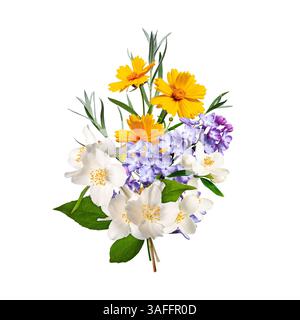 Composizione floreale (bouquet) di fiori di gelsomino, lilla e Lanceleaf Coreopsis. Foto Stock