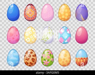 Set di 15 uova di Pasqua decorative, colorata clipart vettoriale, design natalizio primaverile Illustrazione Vettoriale