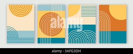 Set di design flyer estivo colorato. Gruppo di template verticali con sole, onde, cielo e mare. Design moderno e minimalista con forme astratte. Vettore Illustrazione Vettoriale
