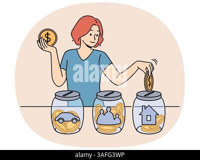 La donna è impegnata nella pianificazione finanziaria, mettendo i soldi guadagnati in diversi vasi di vetro con foto di auto, casa o famiglia. La ragazza investe nel proprio futuro grazie all'alfabetizzazione finanziaria Illustrazione Vettoriale