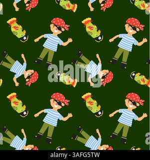 Giocosa pirata con cartoni animati e pappagalli su sfondo verde. Illustrazione Vettoriale
