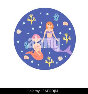Due sirene con corallo e conchiglie su sfondo blu. Illustrazione Vettoriale