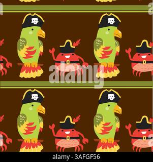 Pappagallo pirata e granchio senza cuciture su sfondo marrone per i bambini. Illustrazione Vettoriale