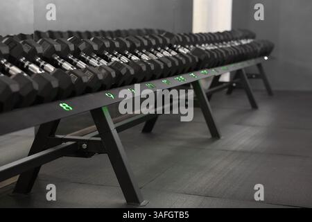 Ci sono molti manubri in palestra. Attrezzature sportive professionali Foto Stock