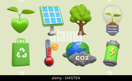 Icone di riciclo. Conservazione dell'ambiente. Generazione di energia verde. Cura ecologica della natura. Inquinamento del pianeta Terra. Ecologia mondiale. Energia elettrica a batteria. Piantagione di alberi. Borsa per il riciclo. Set di simboli 3D vettoriali Illustrazione Vettoriale