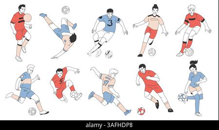 Giocatori di calcio. Calcio di calcio, gioca i personaggi in uniforme sportiva. Portiere ragazzo, uomo e uomo in posa diversa, palle da calcio, porta da kickball te Illustrazione Vettoriale