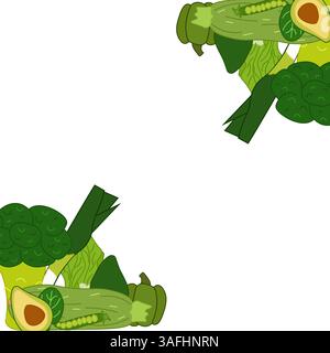 Telaio quadrato verdura verde. Design piatto Vector disegnato a mano con verdure vintage. Modello banner vettoriale biologico per alimenti freschi. i botanici tradizionali Illustrazione Vettoriale