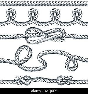 Set di spazzole decorative per funi a nodo nautico. Elementi di design dei bordi senza cuciture per striscioni, poster, stampa, biglietti e menu. Disegno a mano Vector vintage Ill Illustrazione Vettoriale