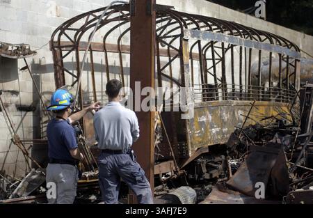 Gli agenti dell'ATF di Washington Andrew Cox, Right, e Gregg Hine esaminano i danni causati da un incendio al National Capital Trolley Museum di Silver Spring, MD, domenica 28 settembre 2003. Una casa di cura che immagazzina carrozze, alcune delle quali avevano più di 100 anni e valevano 10 milioni di dollari, è stata distrutta dall'incendio. La causa del fuoco, che si è verificato intorno alle 2 di domenica sera, è sconosciuta in questo momento. (Immagine di credito: The Washington Times/ZUMAPRESS.com) Foto Stock