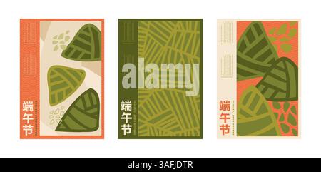 Design del modello Dragon Boat Festival in uno stile moderno e audace. Sfondo con gnocchi zongzi. Testo cinese Dragon Boat Festival. Striscione natalizio, biglietto Illustrazione Vettoriale