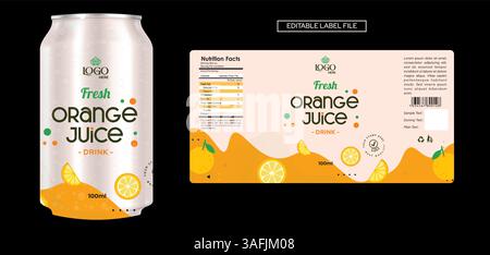 Design dell'etichetta del succo d'arancia, design dell'etichetta del flacone di bibite analcoliche. Il vettore della soda può. Design dell'etichetta delle bevande energetiche. Design del modello di etichetta per succo di frutta al gusto di arancia Illustrazione Vettoriale