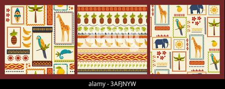 Motivo Tropico senza cuciture. Graziosi patchwork floreali estivi. Stampa Boho ripetuta. Ornamento di palme. Motivi etnici infantili. Frutta tropicale. Africani o messicani Illustrazione Vettoriale