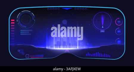 Metaverso in VR. Mondo virtuale del futuro. Realtà digitale con tecnologia AR City o gioco 3D. Tecnologia AI neon. NFT aumentata. Interfaccia ologramma Shine. Cybe Illustrazione Vettoriale