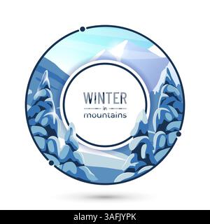 Inverno sulle montagne. Logo circolare. Natura selvaggia. Viaggi avventurosi. Tour di sci e snowboard. Abeti innevati. Pista innevata. Picchi rocciosi. Cumuli di neve invernali. Cornice rotonda vettoriale con paesaggio della stagione fredda Illustrazione Vettoriale