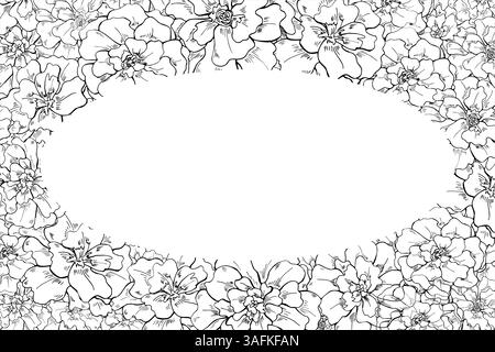 Cornice orizzontale vettoriale monocromatica Tagetes Flowers con spazio di copia per il testo. Calendula in fiore dipinta da inchiostri neri. Bordo del rettangolo floreale Illustrazione Vettoriale