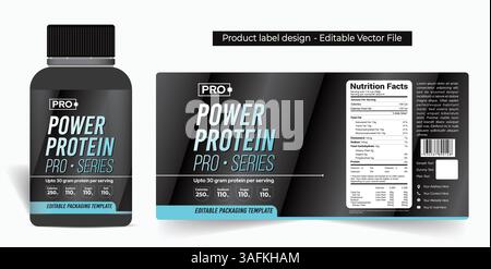 Proteina in polvere etichetta design, proteina shake barattolo imballaggio design, integratore sano siero di latte proteina ginnastica prodotto etichetta design sport nutrizione power pillole Illustrazione Vettoriale