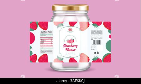 Design dell'etichetta per marmellate di fragole, imballaggio per marmellate di frutta, design dell'etichetta per prodotti alimentari, etichetta per gelato al gusto di fragola, design dell'imballaggio, etichetta per fragola Illustrazione Vettoriale