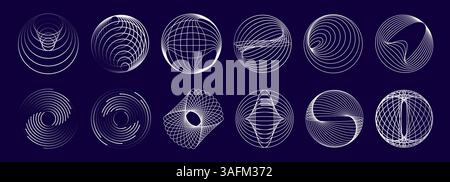 Turni a spirale concentrici con linea rotonda e forme d'onda geometriche, cerchi vettoriali impostati. Globi a reticolo con campitura ad anelli di linea o spirali circolari, sfere sferiche concentriche con struttura geometrica a mesh Illustrazione Vettoriale