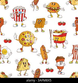 I fast food sono caratterizzati da un motivo senza cuciture. Menu a piastrelle Vector Fun con sfondo a menu con pizza retrò y2k a fumetti, hamburger, patatine fritte, taco, hot dog, wok, caffè, waffle e popcorn con facce felici Illustrazione Vettoriale