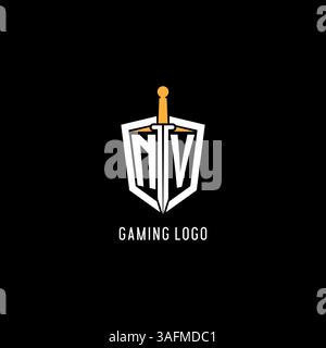 Logo Letter NV con grafica vettoriale ispirata al design di scudo e spada Illustrazione Vettoriale