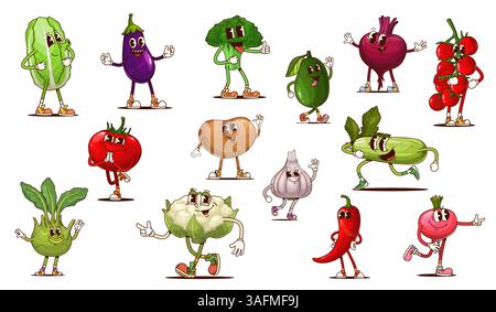 Personaggi vegetali con volti stupidi e sorrisi divertenti in cartoni animati retrò e personaggi vettoriali. Verdure freaky e trippy, broccoli funky con zucchine e cavolfiore, pomodoro e melanzane Illustrazione Vettoriale