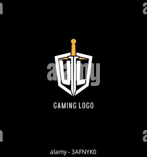 Logo Letter UL con grafica vettoriale ispirata al design dello scudo e della spada Illustrazione Vettoriale