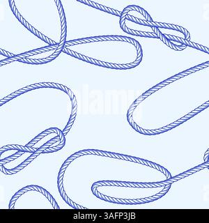 Modello senza cuciture con fune a nodo nautico. Illustrazione dello schizzo disegnato a mano vettoriale. Sfondo blu astratto in stile yacht marino. Stampa tessile estiva Illustrazione Vettoriale