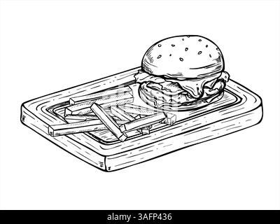 Hamburger vettoriale monocromatico e patatine fritte poste su un tavolo da servizio in legno. Street food minimalista in stile art in bianco e nero. Classico fatto in casa Illustrazione Vettoriale