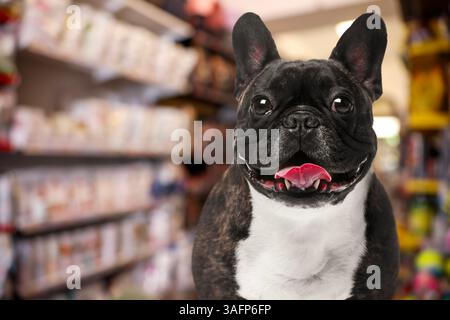 Adorabile Bulldog francese nel negozio di animali. Spazio per il testo Foto Stock