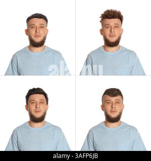 Uomo con diverse acconciature su sfondo bianco, collage di ritratti Foto Stock