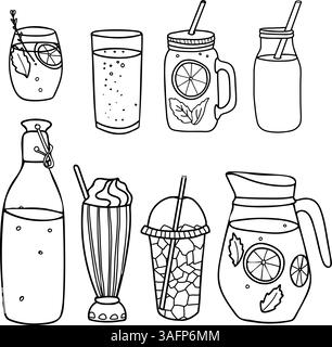 Set di bevande fredde analcoliche. Illustrazione vettoriale disegnata a mano in stile Doodle isolata su sfondo bianco. Limonata, acqua, soda, Milkshake, tè freddo Illustrazione Vettoriale