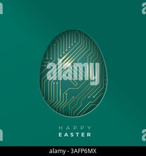 Futuristico uovo di Pasqua con motivo a circuito stampato oro su sfondo verde Illustrazione Vettoriale