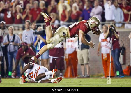 22 settembre 2012: Il tight end dei Florida State Seminoles Nick o'Leary (35) si tuffa su un giocatore difensivo dopo aver ricevuto un passaggio nella partita tra i Florida State Seminoles e i Clemson Tigers al Doak S. Campbell Stadium di Tallahassee. (Immagine di credito: © Gray Quetti/Cal Sport Media/ZUMAPRESS.com) Foto Stock