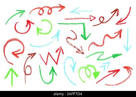 Collezione di frecce colorate disegnate a mano che puntano in direzioni diverse Illustrazione Vettoriale